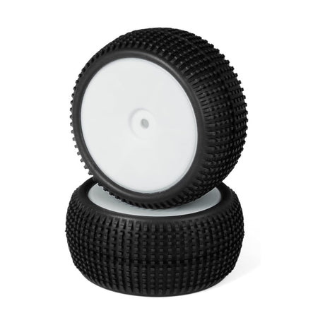 Pair of LC Racing L5072 pre-mounted 2WD mini buggy rear tires for RC cars, featuring durable rubber treads and precise fit.