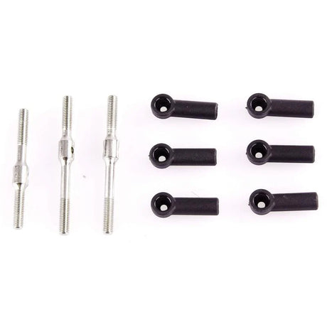 LC Racing L6019 turnbuckle ball caps set, close-up of black metal caps with red and silver accents on a white background