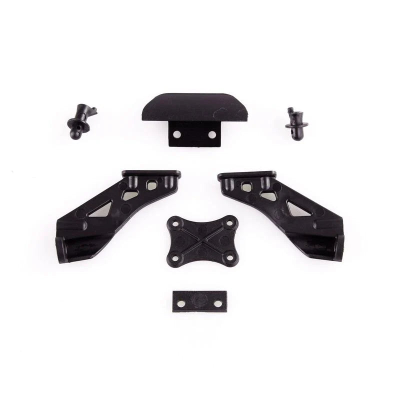 LC Racing L6020 wing mount and bumper with mounting hardware, black plastic construction, shown on a clean white background.