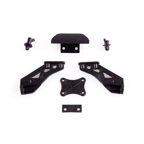 LC Racing L6020 wing mount and bumper with mounting hardware, black plastic construction, shown on a clean white background.
