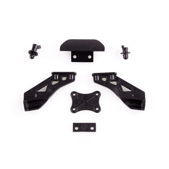 LC Racing L6020 wing mount and bumper with mounting hardware, black plastic construction, shown on a clean white background.