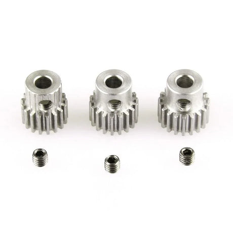 LC Racing L6032 0.5 mod motor pinion set with 17T, 18T, 19T gears for 3.175mm shaft, shown in the image.