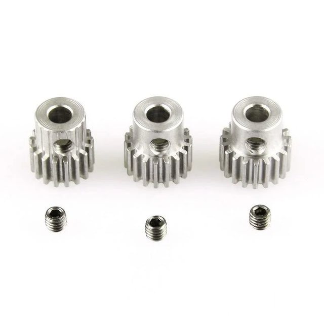 LC Racing L6032 0.5 mod motor pinion set with 17T, 18T, 19T gears for 3.175mm shaft, shown in the image.