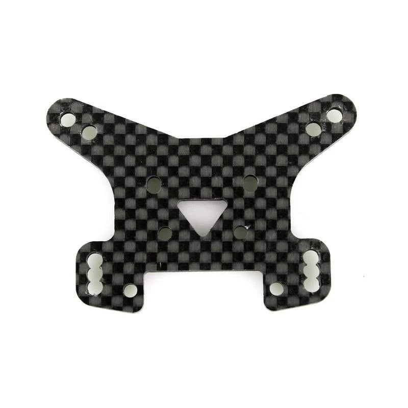 LC Racing L6092 2.5mm carbon fiber rear shock tower with precise cutouts and mounting points for RC car suspension.