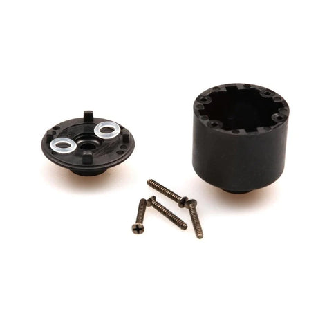 LC Racing L6095 gear diff housing and cover, metal components with mounting points and detailed machining, designed for RC car upgrades.