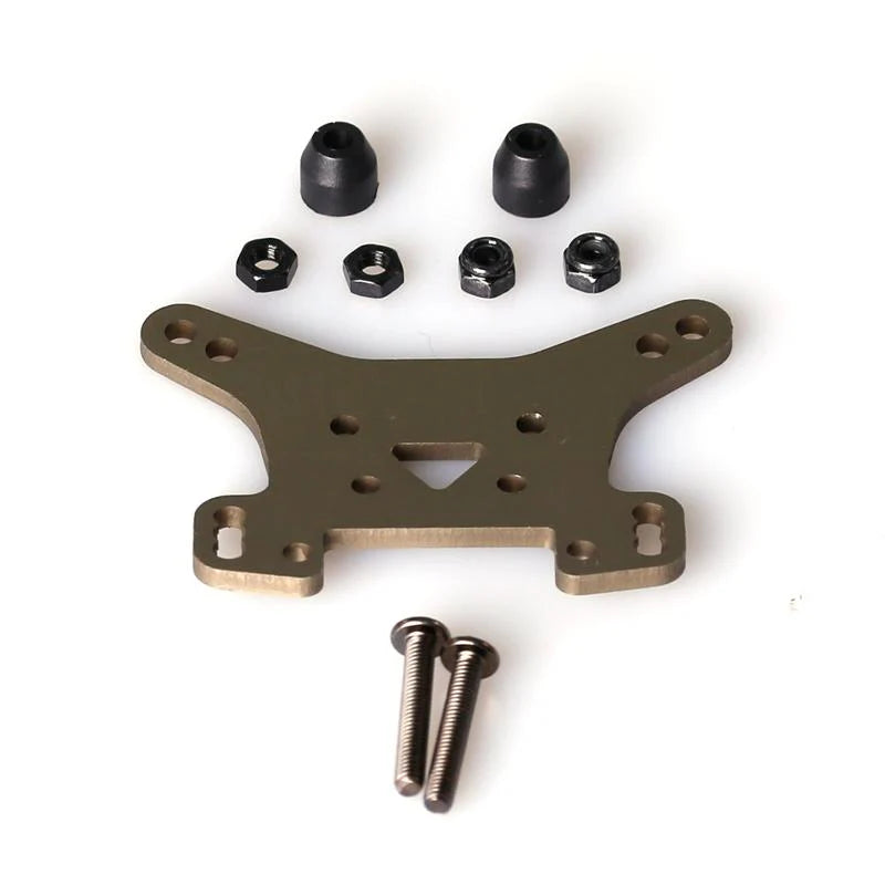 LC Racing L6098 aluminum rear shock tower for RC cars, shown in silver with mounting points and structural design details.