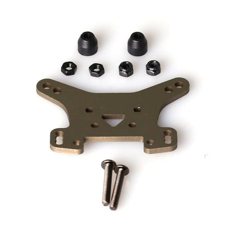 LC Racing L6098 aluminum rear shock tower for RC cars, shown in silver with mounting points and structural design details.