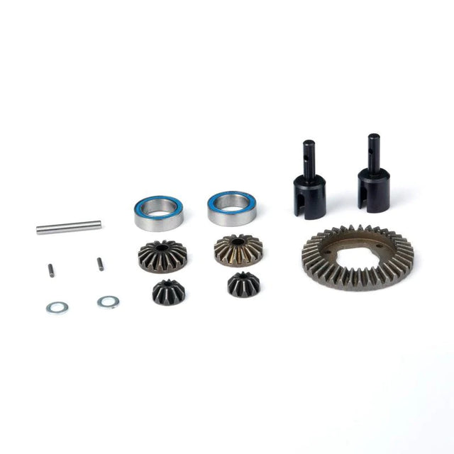 LC Racing L6104 differential gear and outdrive set, showing metal gears and drive components for RC car performance.