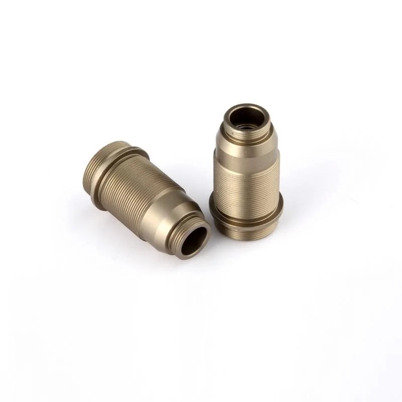 LC Racing L6116 front shock bodies for RC cars, showing polished metal shock components with mounting points and adjustable features.