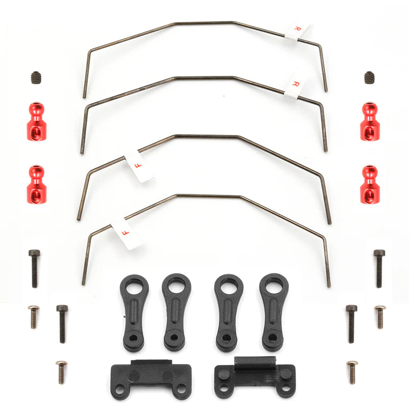 LC Racing L6134 anti-roll bar set shown in black with metal rods and mounting brackets for RC car suspension upgrade.