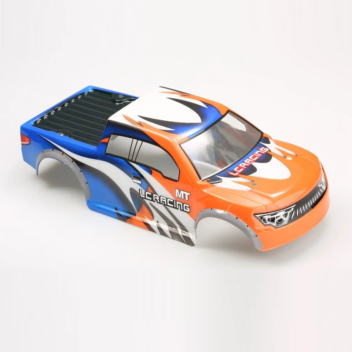 LC Racing L6164 MT painted RC car body in black with detailed design, shown on a clean background.