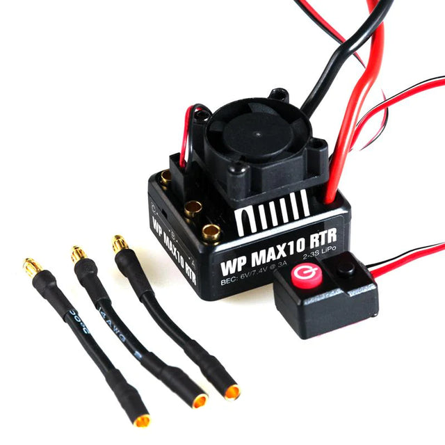 LC Racing L6201 60A waterproof ESC by Hobbywing, shown with cooling fins and wiring for RC car applications.