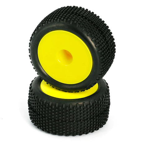 LC Racing L6248 Block Pin Truggy Tires mounted on yellow wheels, 12mm hex, set of two for RC off-road vehicles.