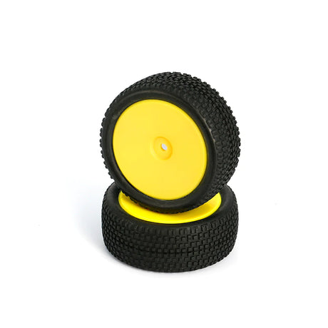 LC Racing L6250 all terrain buggy front tires mounted on yellow rims, 12mm axle, pair shown in the image.