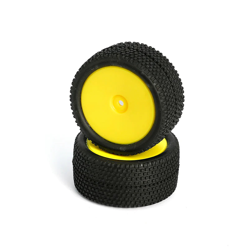 LC Racing L6251 all terrain buggy rear tires mounted on yellow wheels, 12mm hex, set of two for RC off-road vehicles.