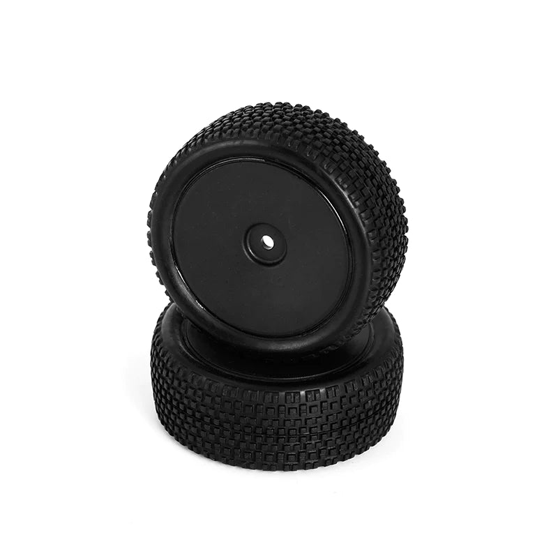 Pair of black LC Racing L6252 all-terrain buggy front tires mounted on wheels, 12mm hex, suitable for RC off-road vehicles.