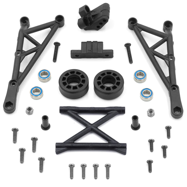 LC Racing L6270 EMB wheelie bar for RC cars, shown in black with mounting brackets and adjustable supports.