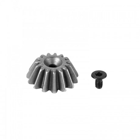 LC Racing L6271 Bevel Gears 15T set showing metal gears with gear teeth and packaging on a white background.