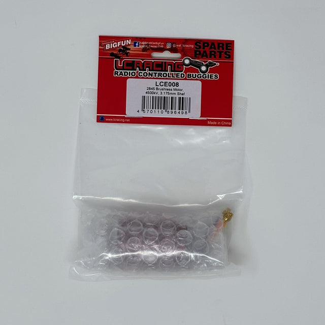LC Racing LCE008 2845 4500kV brushless motor with 3.175mm shaft for RC cars, shown in the image.