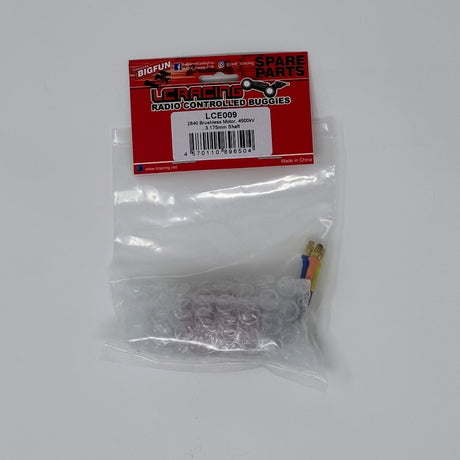 LC Racing LCE009 2840 4500kV brushless motor with 3.175mm shaft, shown in the image with detailed wiring and cooling fins.