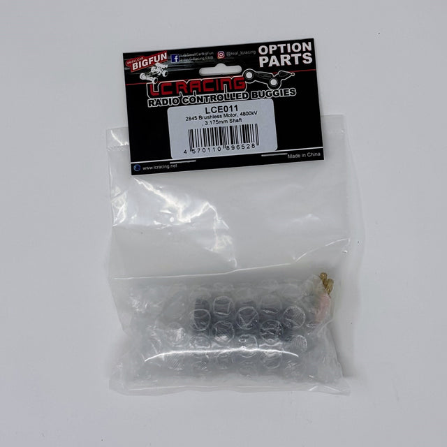 LC Racing LCE011 2845 4800kV brushless motor with 3.175mm shaft, shown in the image with detailed cooling fins and wiring.