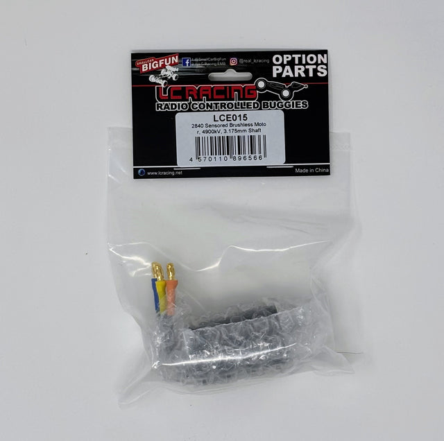 LC Racing LCE015 2840 4900kV sensored brushless motor with 3.175mm shaft, shown in a close-up image.
