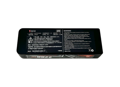LC Racing 2200mAh 7.4V 50C RC car LiPo battery in hard case, showing the compact, durable lithium polymer battery for remote control vehicles.