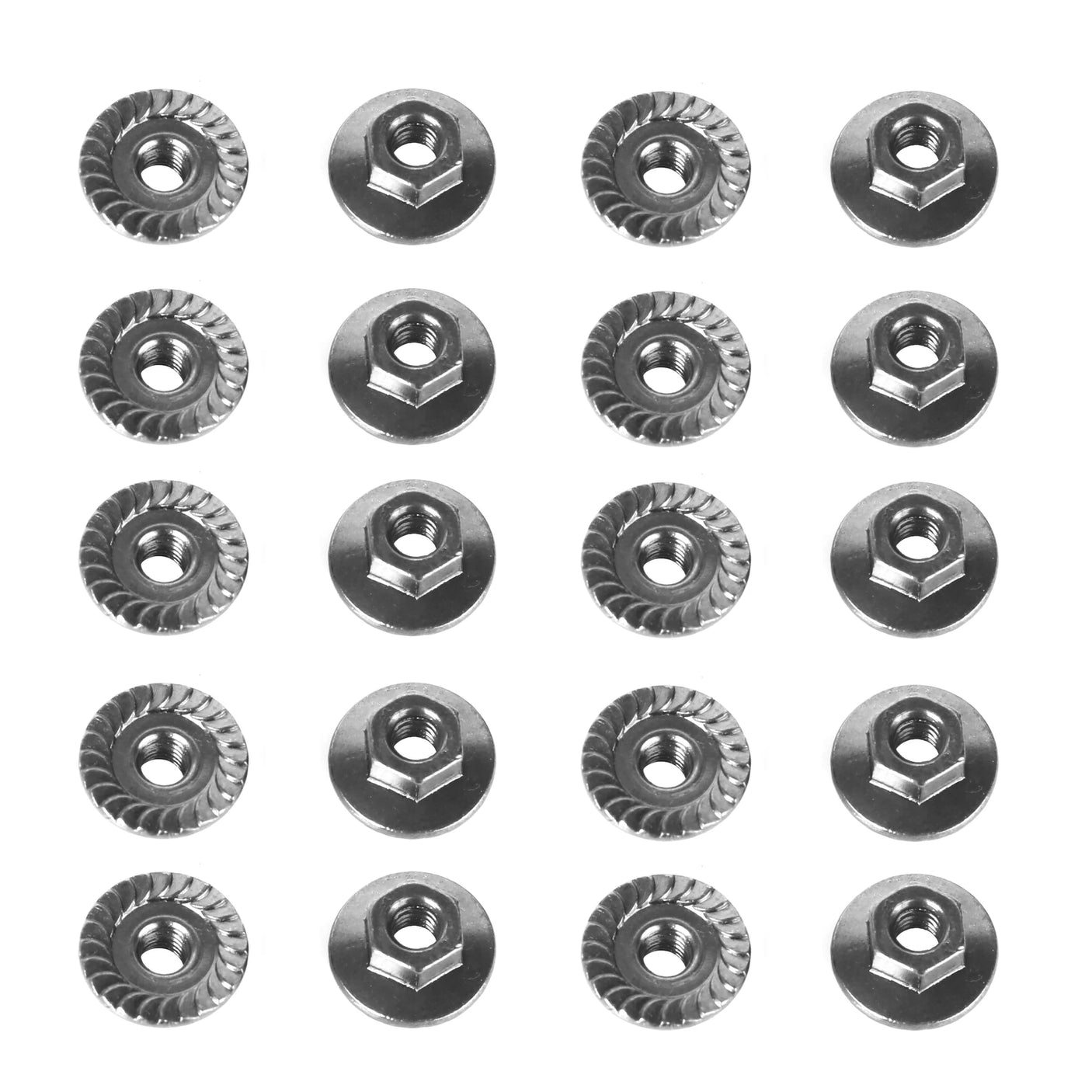 Set of 20 LC Racing LCSK55 M3 flanged serrated nuts shown in a close-up image, highlighting their metallic finish and threading.