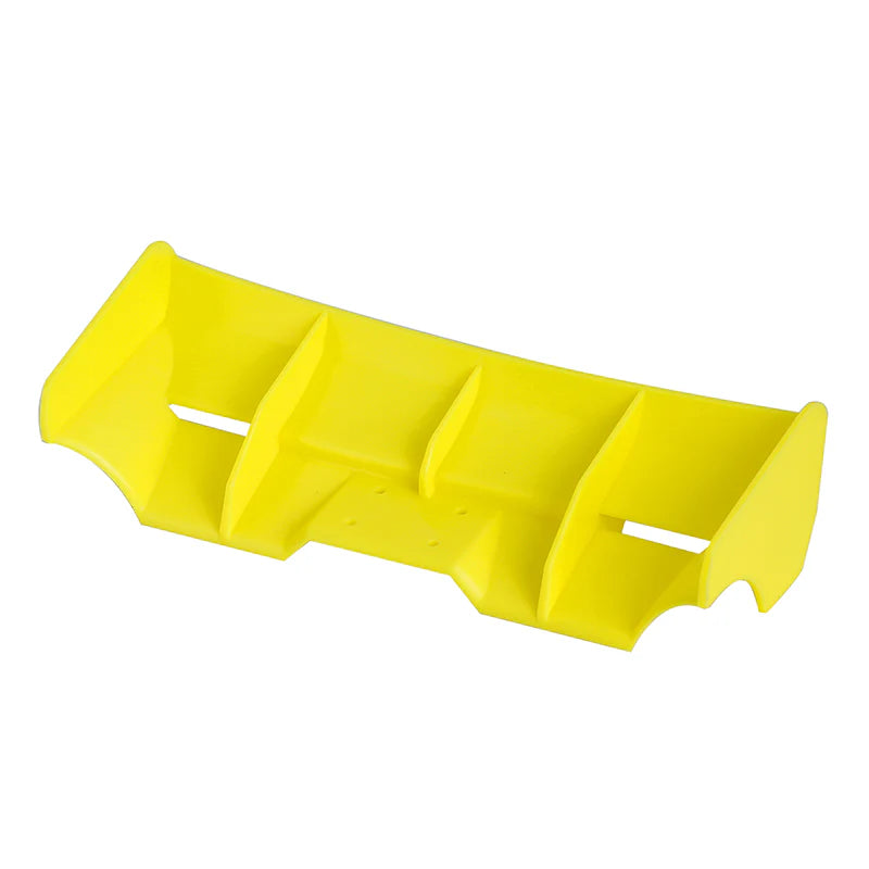 Yellow 1/14 scale composite wing for RC cars by LC Racing, designed for aerodynamic performance and durability.