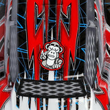 Painted LC Racing L6243 1/14 EMB-TG Lexan Truggy Body with detailed design, showcasing aerodynamic shape and vibrant colors.