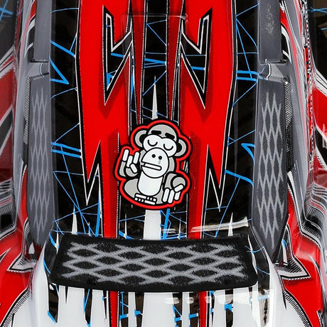 Painted LC Racing L6243 1/14 EMB-TG Lexan Truggy Body with detailed design, showcasing aerodynamic shape and vibrant colors.