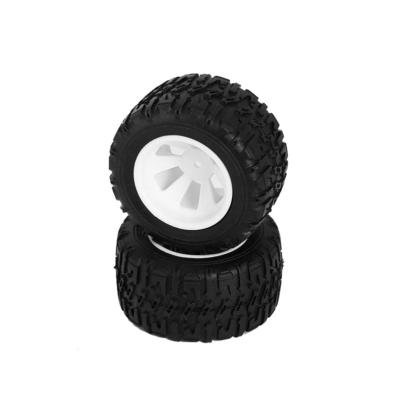 LC Racing L6255 MT tires set mounted in white for 1/12 scale RC trucks, includes two durable tires with 12mm hex fitment.
