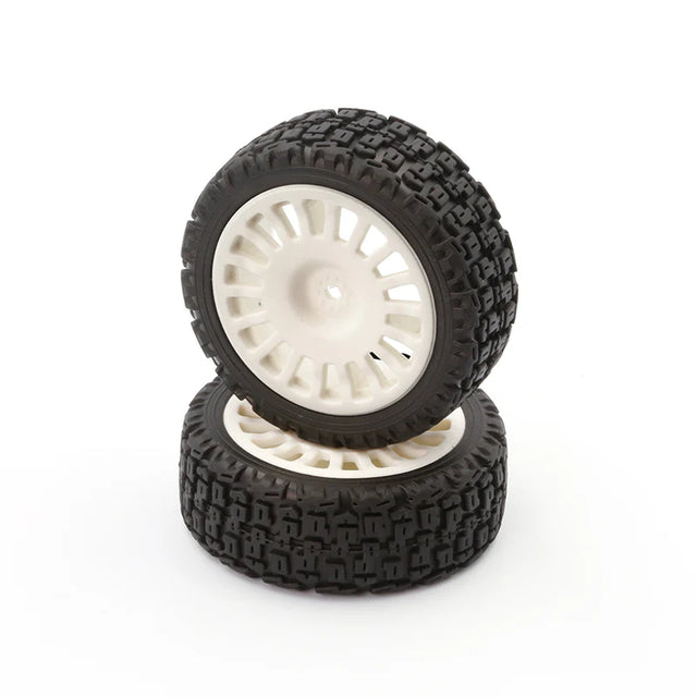 LC Racing L6266 rally tires set with two white 25mm tires featuring 18 spokes and 12mm hex for RC rally cars.