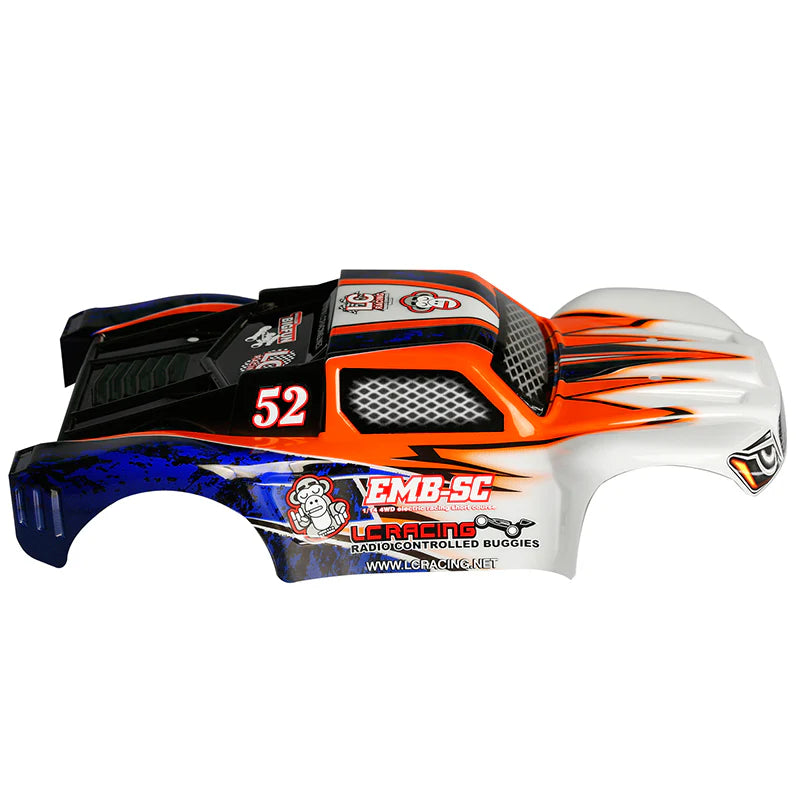 Pre-painted LC Racing L6241 1/14 scale polycarbonate short course truck body showcasing aerodynamic design and vibrant graphics.