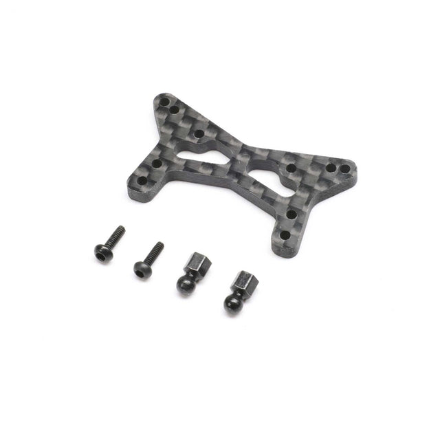 Losi Carbon Front Shock Tower for Micro-B RC car, lightweight and durable plastic with mounting points.