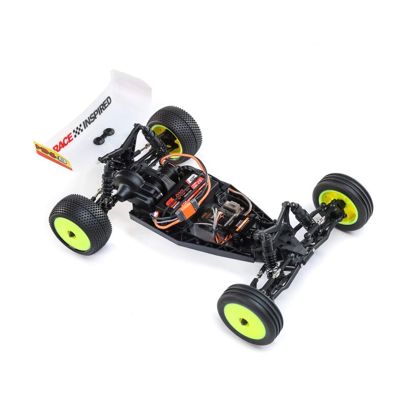 Losi 1/16 Mini-B 2WD RTR brushless buggy with detailed exterior, off-road tires, and compact design for high-speed racing.