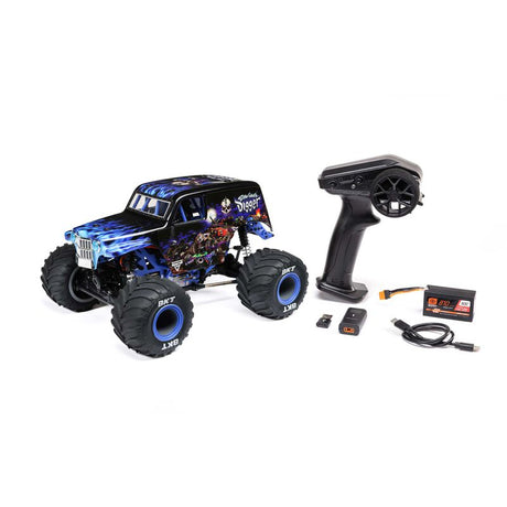 Losi 1/18 Mini LMT Son Uva Digger 2S 4X4 RTR brushed monster truck with detailed orange and black design on rugged tires