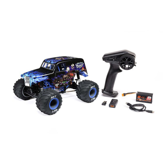 Losi 1/18 Mini LMT Son Uva Digger 2S 4X4 RTR brushed monster truck with detailed orange and black design on rugged tires