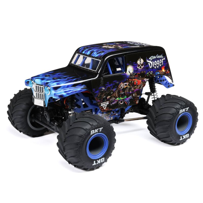 Losi 1/18 Mini LMT Son Uva Digger 2S 4X4 RTR brushed monster truck shown with detailed orange and black body, off-road tires.