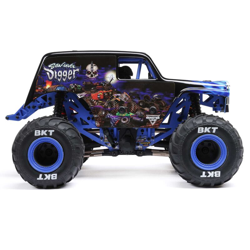 Losi 1/18 Mini LMT Son Uva Digger 2S 4x4 RTR brushed monster truck with detailed body and off-road tires.