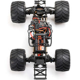 Losi 1/18 Mini LMT Megalodon 2S 4x4 RTR brushed monster truck on rugged terrain with detailed body and large tires