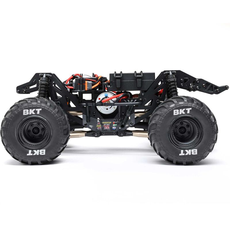 Losi 1/18 Mini LMT Megalodon 2S 4x4 brushed monster truck RC vehicle with detailed body and off-road tires.