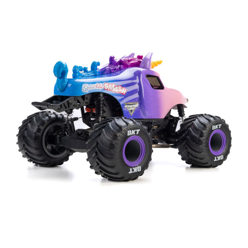 Losi 1/18 Mini LMT Sparkle Smash 2S 4x4 RTR brushed monster truck on rough terrain, showcasing its compact design and vibrant details.
