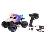 Losi 1/18 Mini LMT Sparkle Smash 2S 4x4 RTR brushed monster truck with colorful sparkle design on body and off-road tires