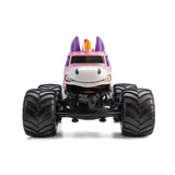 Losi 1/18 Mini LMT Sparkle Smash 2S 4x4 brushed monster truck with sparkling purple and silver body, off-road tires and detailed design