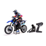 Losi 1/4 Promoto-MX Club MX 2S RTR brushless motorcycle in blue with detailed body and off-road tires.