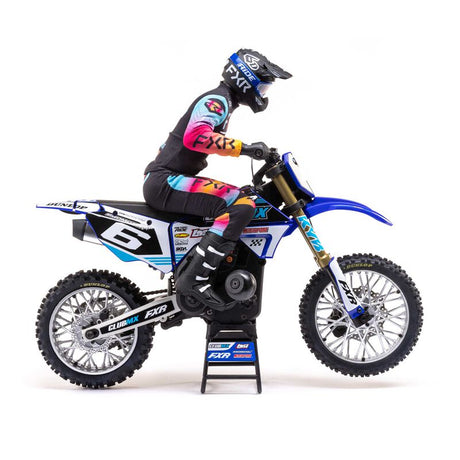 Blue Losi 1/4 Promoto-MX Club MX 2S RTR Brushless Motorcycle, detailed view showing bike frame and tires.