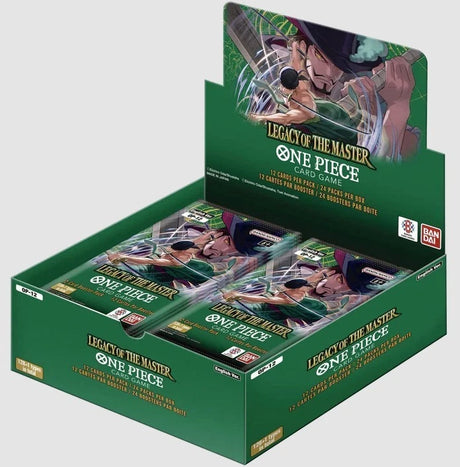 Bandai One Piece TCG Legacy of The Master Booster Box, unopened with colorful packaging and character artwork on the box.