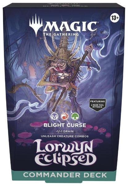 Lorwyn Eclipsed Blight Curse Magic: The Gathering Commander Deck by Wizards of the Coast, featuring card artwork and deck components.