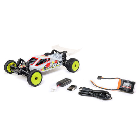 Losi Micro-B 2WD 1/24 scale buggy RC car with black body and detailed chassis on a white background.